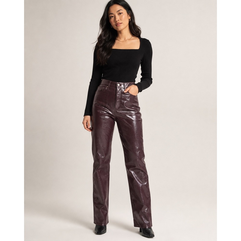 Express Modern Straight Super High Rise Faux Leather Pants 8 Long Oxblood